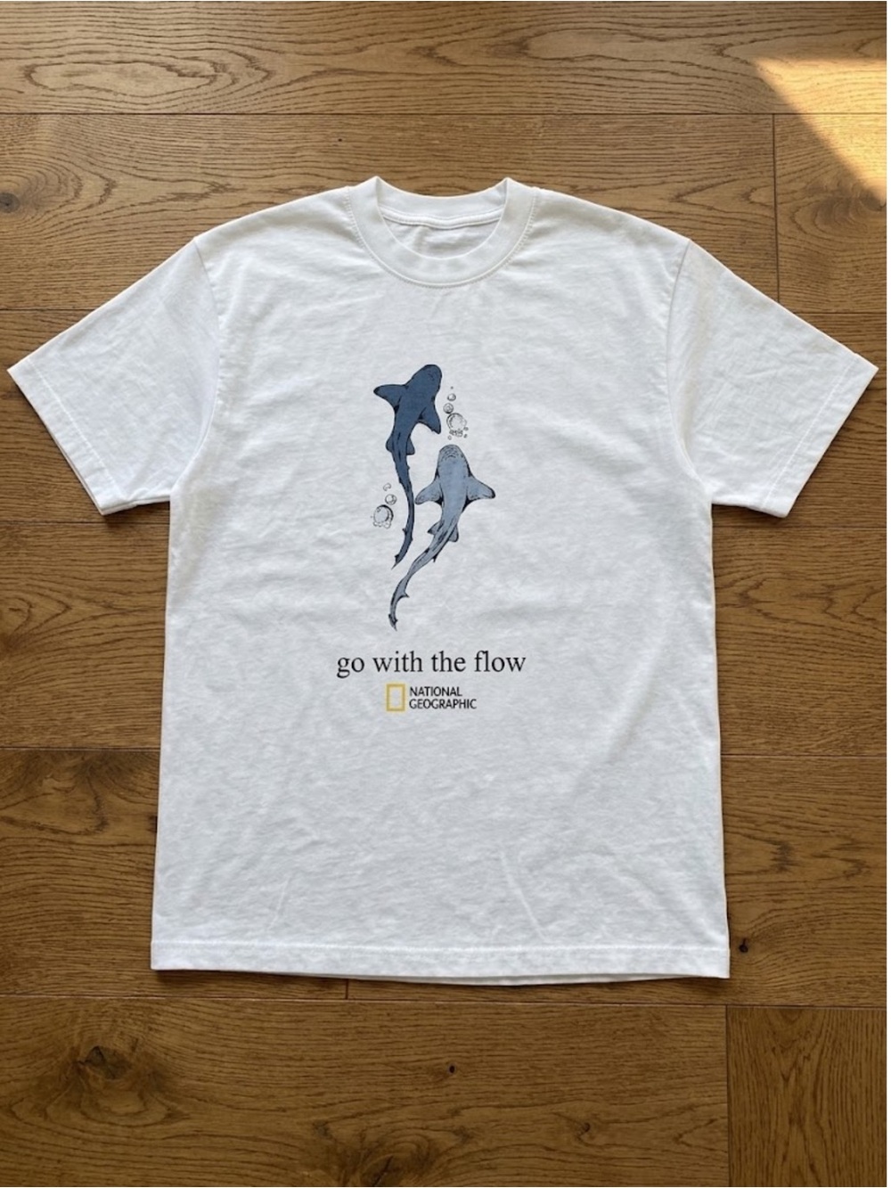 Gildan White Short Sleeve Tee with Blue Shark Graphic - 'Go With The Flow'